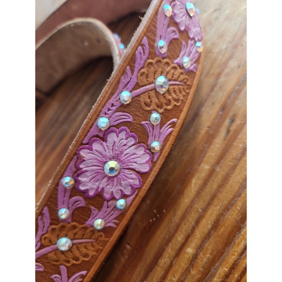 Hand Tooled &‎ Painted Leather Belt AB Swarovski Iridescent Crystals Custom M/L - Picture 3 of 14